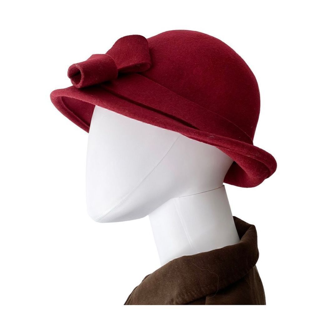 Red Wool Felt Cloche Hat with Bow,OS